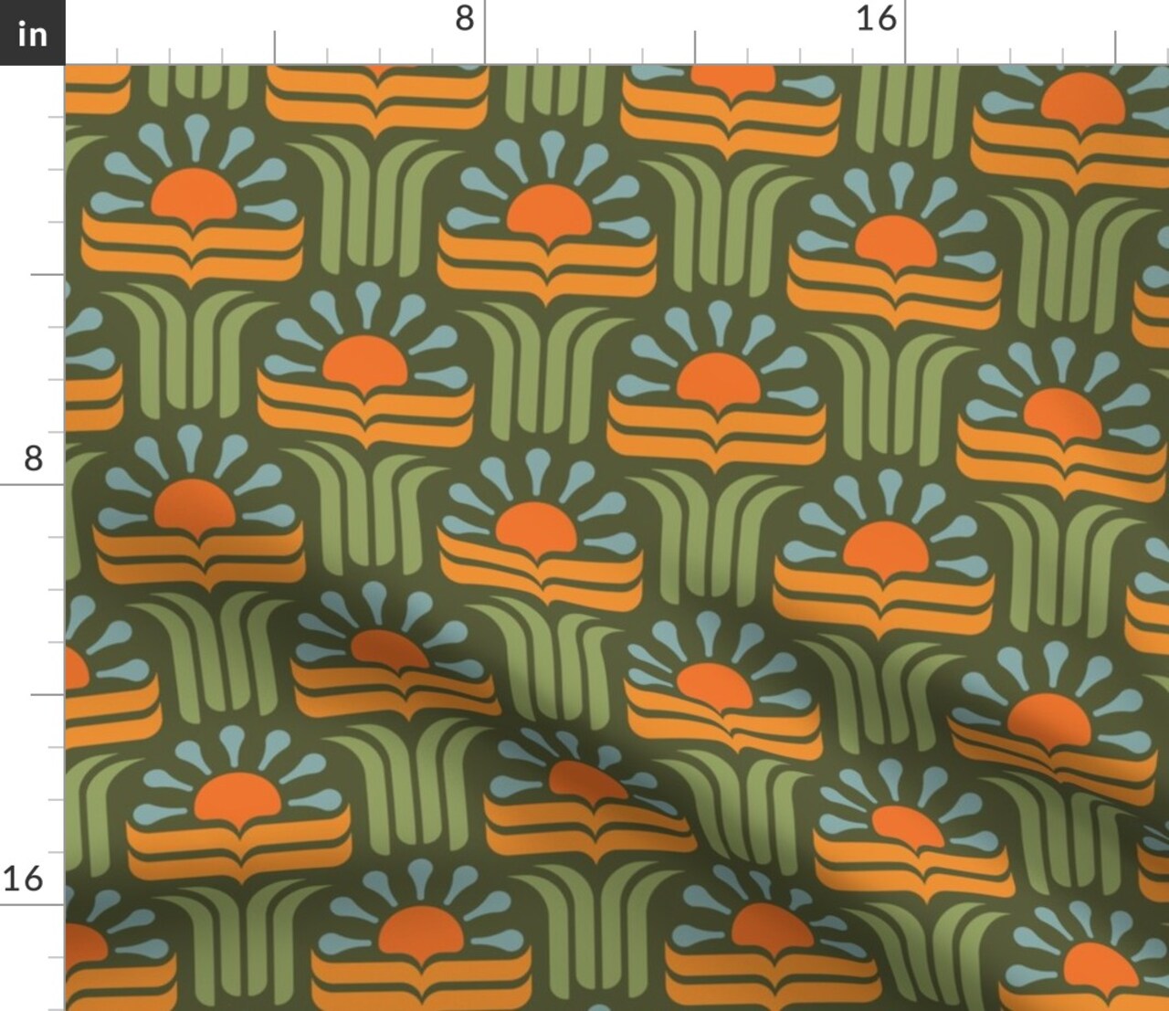 Geometric Floral Retro Botanical Art Nouveau 70S Groovy Boho Scandi Orange Green Custom Printed Fabric by Spoonflower Various Fabrics by the Yard or Fat Quarter